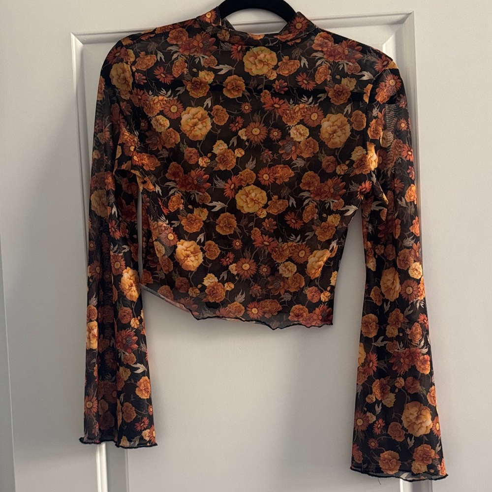 SHEIN Black and Orange Floral Sheer Blouse